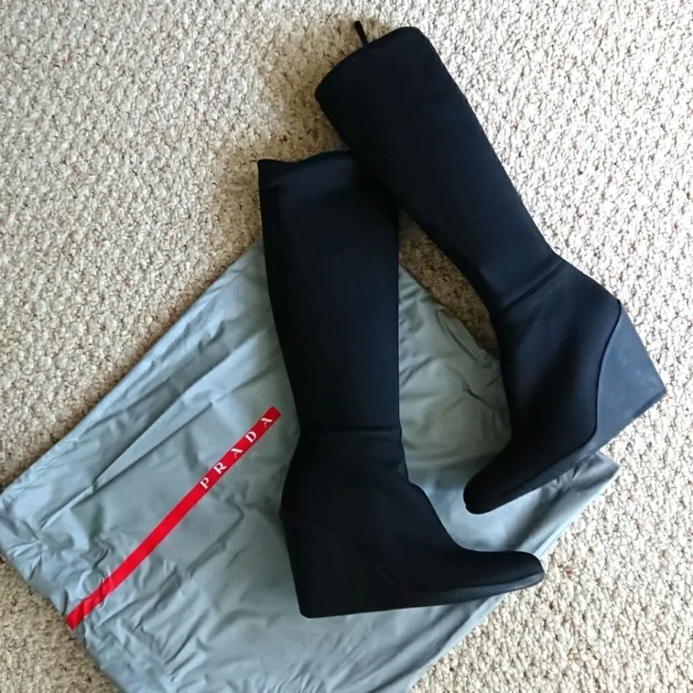 Prada black silk Radzmire fabric sporty knee high wedge boots size 6